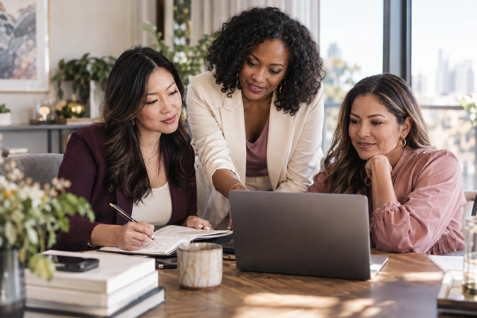 Illustration of three women reviewing a trading notebook together