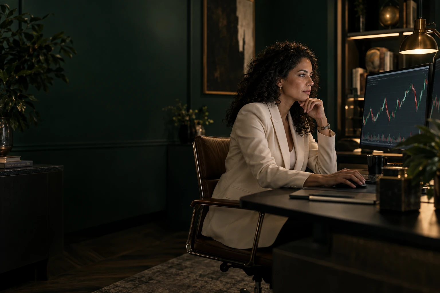 Illustrative woman trader working at a professional trading desk